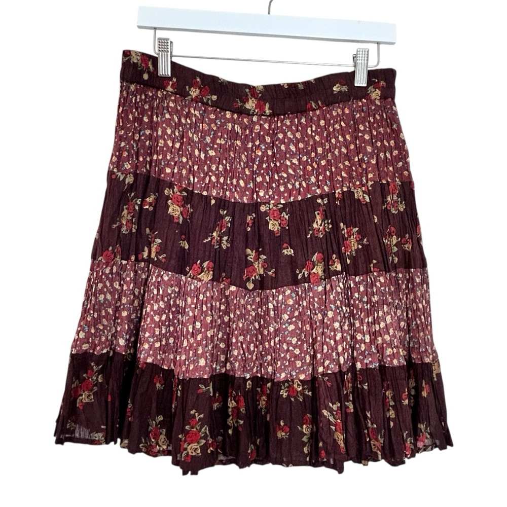 Tangibles Vtg 90s Floral Tiered Pleated Cotton Skirt Burgundy Size M Boho Fairy